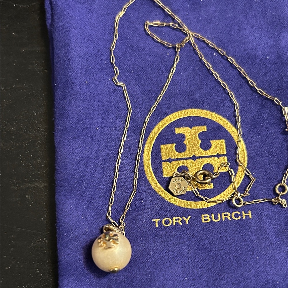 Tory Burch Gold Necklace with Pearl Logo Pendant